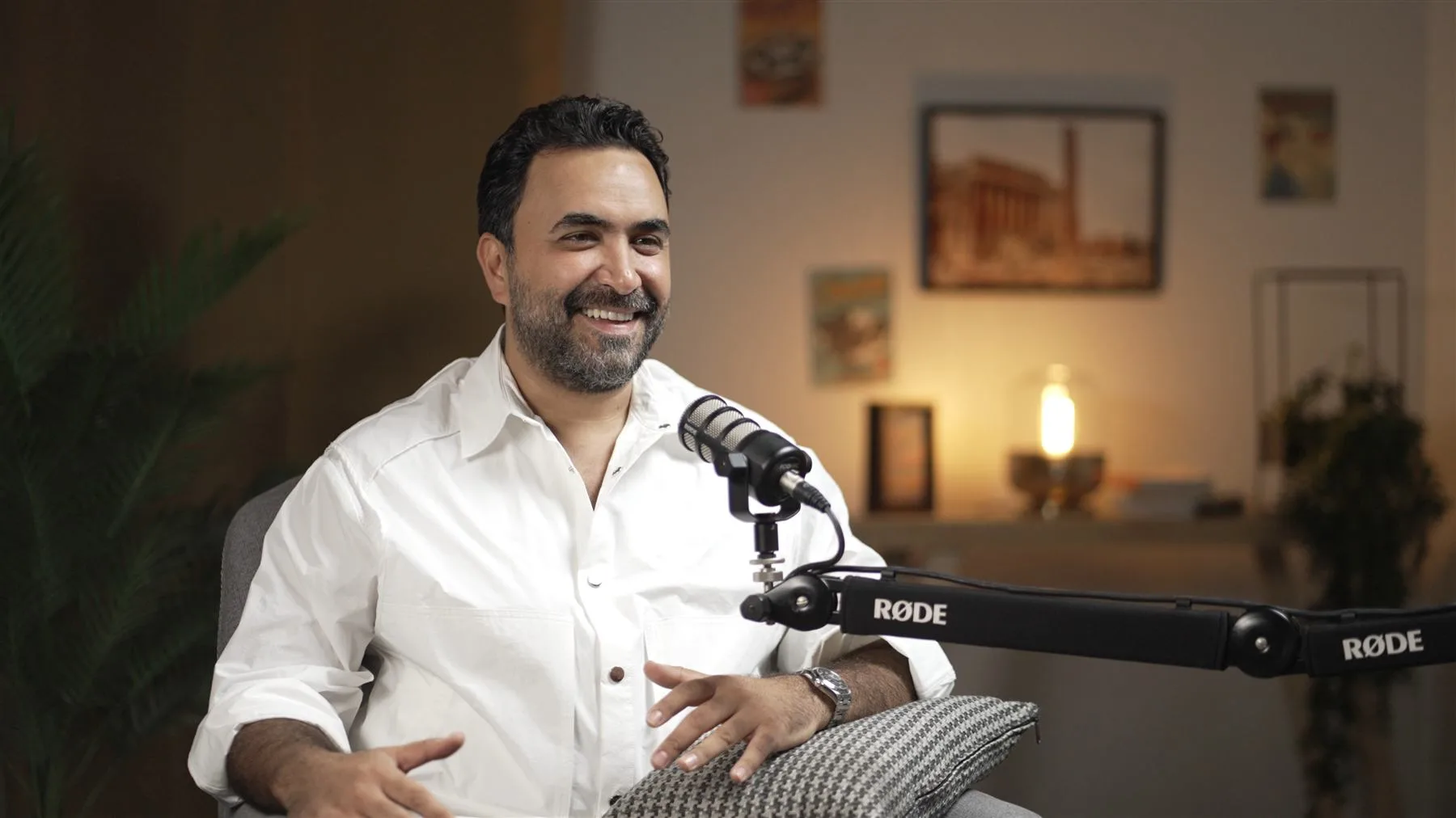 Seated podcast set with controlled lighting